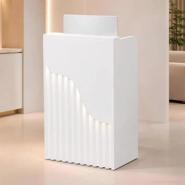 Main image of 23.6" Small Reception Desk with Counter, LED Lighting, Locking Drawer, Cable Grommet for Office, Salon, Retail, Easy Assembly (White)