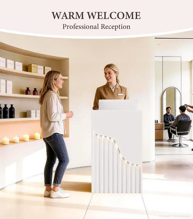 Alt view image 3 of 7 - 23.6" Small Reception Desk with Counter, LED Lighting, Locking Drawer, Cable Grommet for Office, Salon, Retail, Easy Assembly (White)