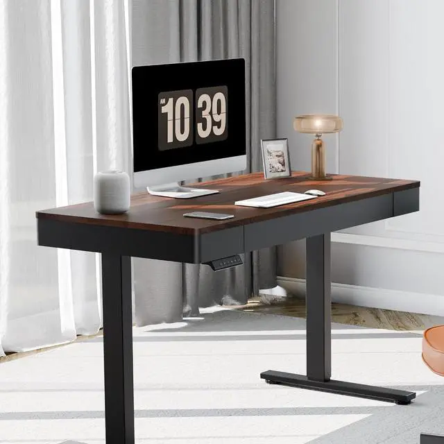 Alt view image 2 of 7 - Standing Desk with Drawer, 48 x 24 Inch Electric Adjustable Height Stand Up Desk with Storage Organizer, Whole Piece Wooden Desktop for Home, Office, Computer Workstation, Dark Walnut