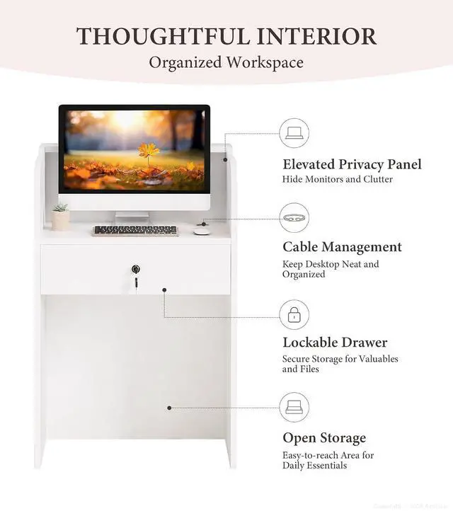 Alt view image 4 of 7 - 23.6" Small Reception Desk with Counter, LED Lighting, Locking Drawer, Cable Grommet for Office, Salon, Retail, Easy Assembly (White)