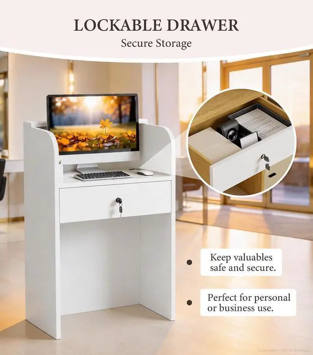 Alt view image 5 of 7 - 23.6" Small Reception Desk with Counter, LED Lighting, Locking Drawer, Cable Grommet for Office, Salon, Retail, Easy Assembly (White)