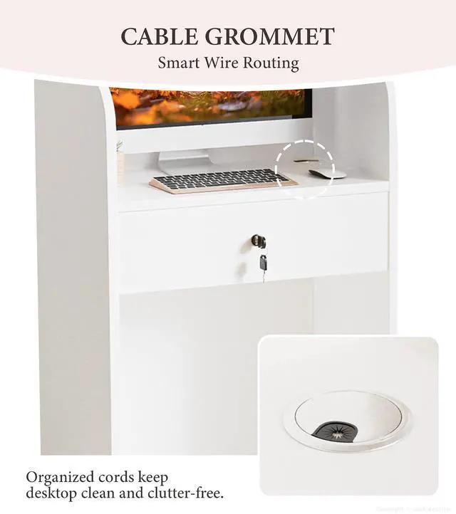 Alt view image 6 of 7 - 23.6" Small Reception Desk with Counter, LED Lighting, Locking Drawer, Cable Grommet for Office, Salon, Retail, Easy Assembly (White)