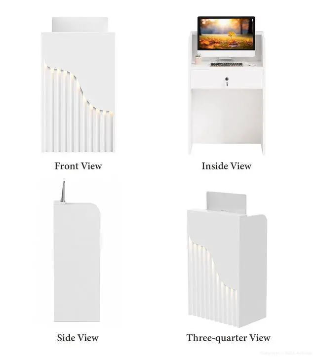 Alt view image 7 of 7 - 23.6" Small Reception Desk with Counter, LED Lighting, Locking Drawer, Cable Grommet for Office, Salon, Retail, Easy Assembly (White)