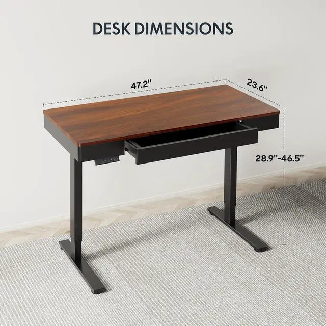 Alt view image 3 of 7 - Standing Desk with Drawer, 48 x 24 Inch Electric Adjustable Height Stand Up Desk with Storage Organizer, Whole Piece Wooden Desktop for Home, Office, Computer Workstation, Dark Walnut