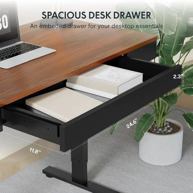 Alt view image 5 of 7 - Standing Desk with Drawer, 48 x 24 Inch Electric Adjustable Height Stand Up Desk with Storage Organizer, Whole Piece Wooden Desktop for Home, Office, Computer Workstation, Dark Walnut