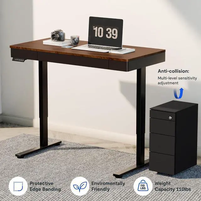 Alt view image 7 of 7 - Standing Desk with Drawer, 48 x 24 Inch Electric Adjustable Height Stand Up Desk with Storage Organizer, Whole Piece Wooden Desktop for Home, Office, Computer Workstation, Dark Walnut