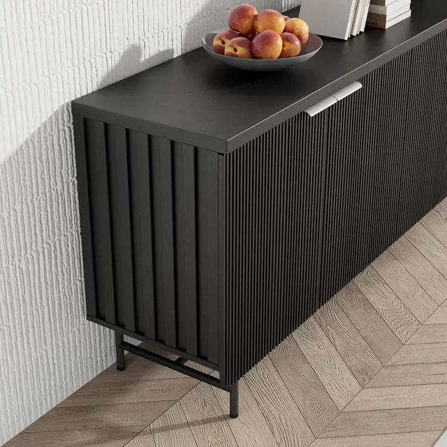 Alt view image 5 of 7 - ONNAHOME Style Storage Sideboard Buffet with Shelves and Doors, Farmhouse Scandinavian Bar Cabinet Wood Buffet Table for Kitchen, Dining Room (Black L 2)