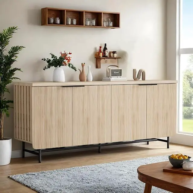 Main image of Storage Cabinet, Sideboard Buffet Cabinet with Shelves and Doors, Farmhouse Scandinavian Bar Cabinet Wood Buffets Table for Kitchen, Dining Room (Yellow L)