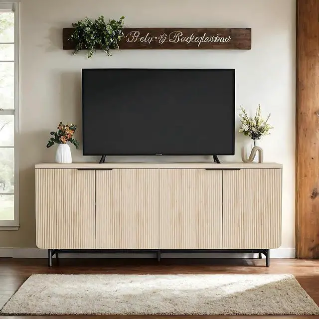 Alt view image 3 of 7 - Storage Cabinet, Sideboard Buffet Cabinet with Shelves and Doors, Farmhouse Scandinavian Bar Cabinet Wood Buffets Table for Kitchen, Dining Room (Yellow L)