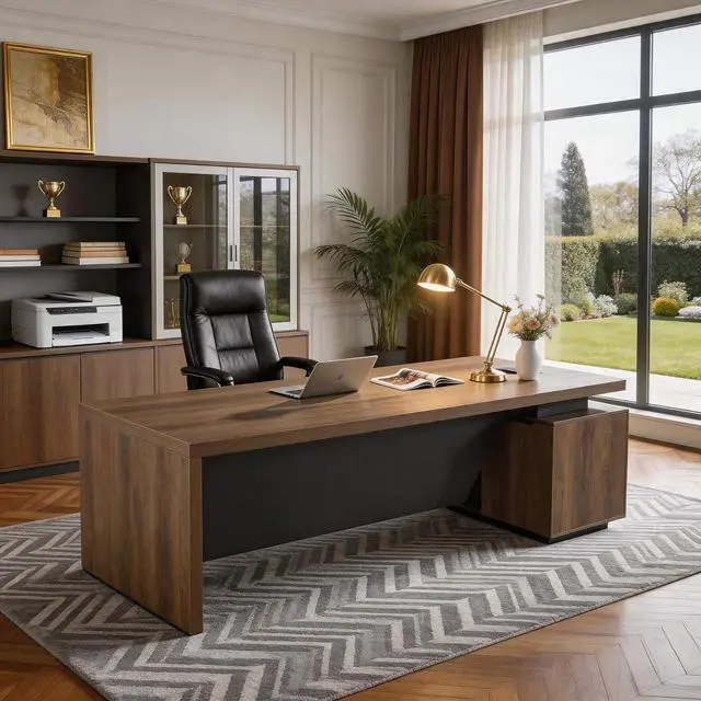 Alt view image 3 of 7 - L Shaped Desk with File Drawer, Solid Wood Large Executive Desk for Home Office, Adjustable Width (86.6" to 94.5"), Storage Cabinet & 2 Drawers, Left Return