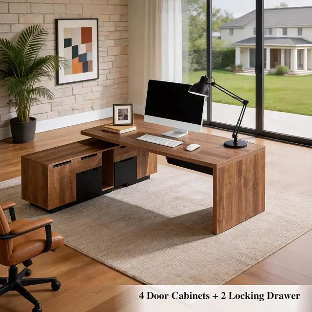 Alt view image 4 of 7 - L Shaped Desk with File Drawer, Solid Wood Large Executive Desk for Home Office, Adjustable Width (86.6" to 94.5"), Storage Cabinet & 2 Drawers, Left Return