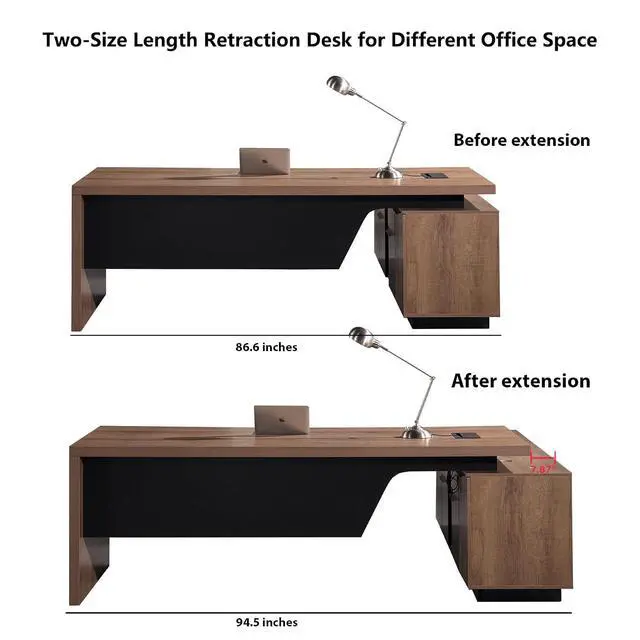 Alt view image 7 of 7 - L Shaped Desk with File Drawer, Solid Wood Large Executive Desk for Home Office, Adjustable Width (86.6" to 94.5"), Storage Cabinet & 2 Drawers, Left Return