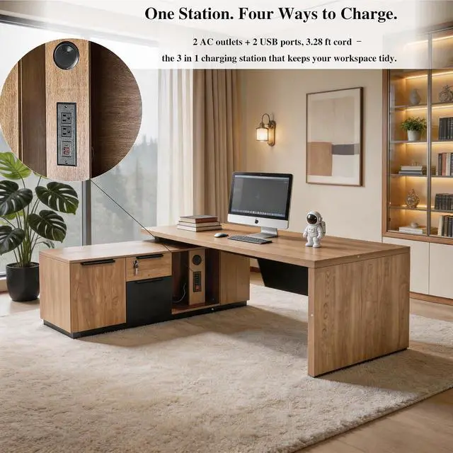 Alt view image 4 of 7 - L Shaped Desk with File Drawer, Solid Wood Large Executive Desk for Home Office, Adjustable Width (70.86" to 78.7"), Storage Cabinet & 2 Drawers, Left Return