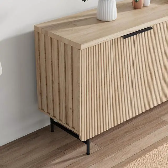 Alt view image 4 of 7 - Storage Cabinet, Sideboard Buffet Cabinet with Shelves and Doors, Farmhouse Scandinavian Bar Cabinet Wood Buffets Table for Kitchen, Dining Room (Yellow L)