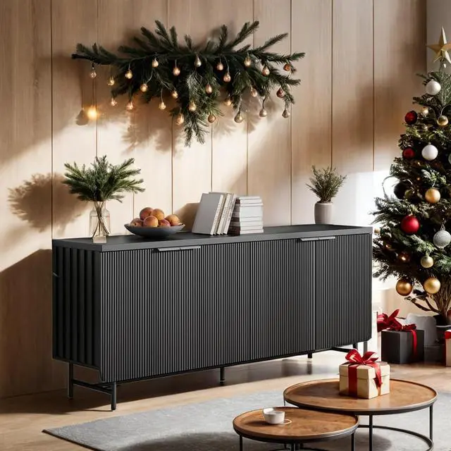 Alt view image 3 of 6 - ONNAHOME Style Storage Cabinet with Sensor Light, Sideboard Buffet with Shelves and Doors, Farmhouse Scandinavian Bar Cabinet Wood Buffet Table for Kitchen, Dining Room (Black with LED)