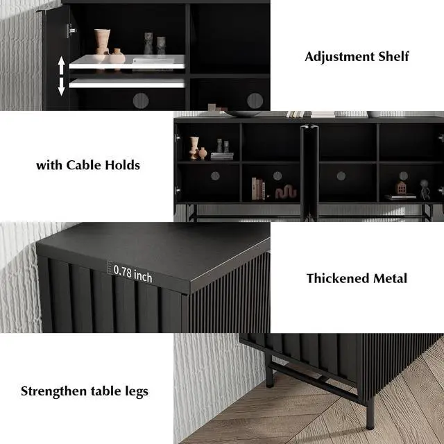 Alt view image 5 of 6 - ONNAHOME Style Storage Cabinet with Sensor Light, Sideboard Buffet with Shelves and Doors, Farmhouse Scandinavian Bar Cabinet Wood Buffet Table for Kitchen, Dining Room (Black with LED)