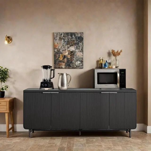 Alt view image 6 of 6 - ONNAHOME Style Storage Cabinet with Sensor Light, Sideboard Buffet with Shelves and Doors, Farmhouse Scandinavian Bar Cabinet Wood Buffet Table for Kitchen, Dining Room (Black with LED)