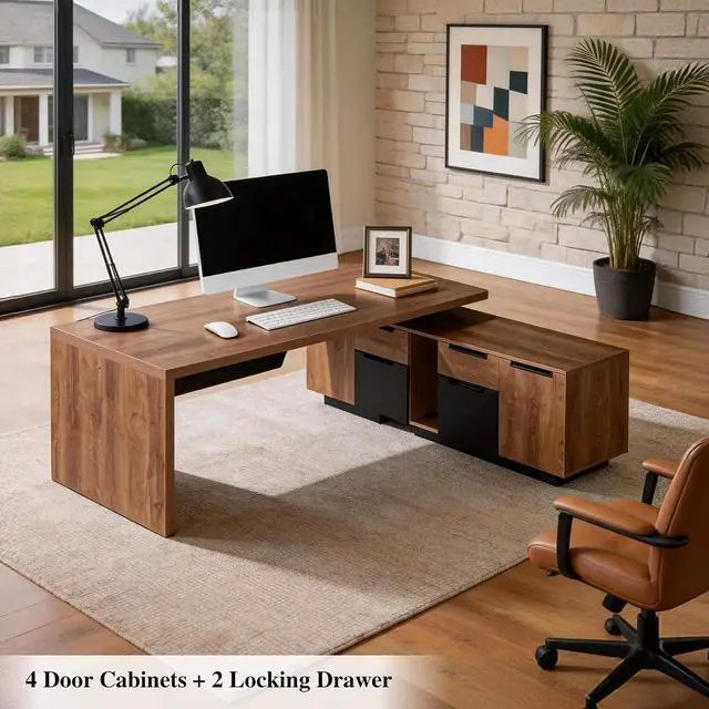 Alt view image 4 of 7 - L Shaped Desk with File Drawer, Solid Wood Large Executive Desk for Home Office, Adjustable Width (86.6" to 94.5"), Storage Cabinet & 2 Drawers, Right Return