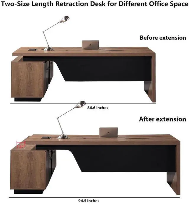 Alt view image 7 of 7 - L Shaped Desk with File Drawer, Solid Wood Large Executive Desk for Home Office, Adjustable Width (86.6" to 94.5"), Storage Cabinet & 2 Drawers, Right Return