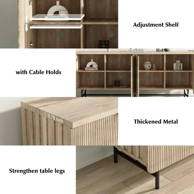 Alt view image 5 of 7 - Storage Cabinet, Sideboard Buffet Cabinet with Shelves and Doors, Farmhouse Scandinavian Bar Cabinet Wood Buffets Table for Kitchen, Dining Room (Yellow L)