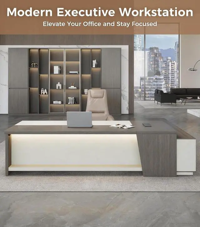 Alt view image 3 of 7 - 79" L-Shaped Executive Desk with Drawers, Large Modern Office Desk with Storage Shelves, LED Lighting, Built-in Outlet & USB Ports Home Office Desk (Smoked Oak & Cream White, Left Return)
