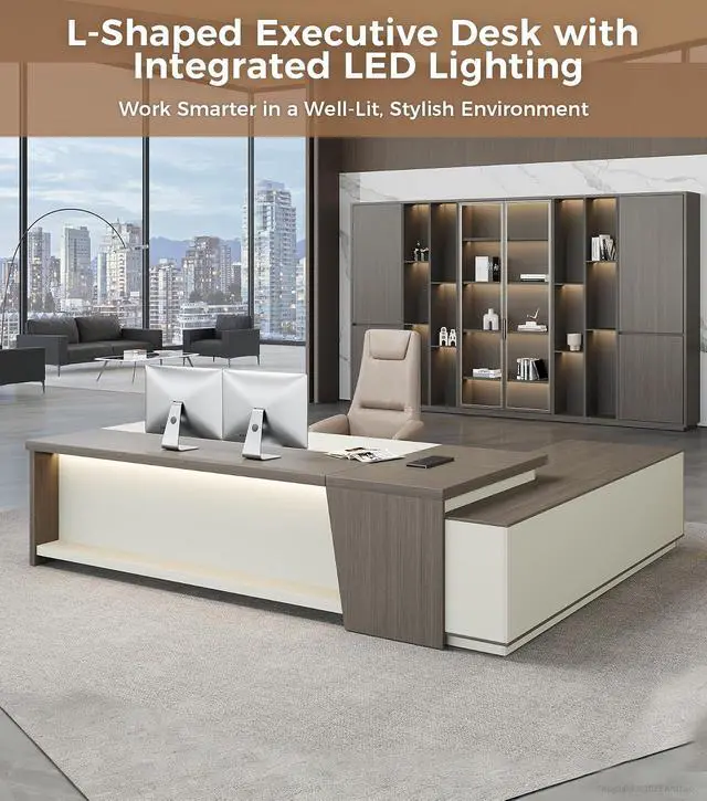Alt view image 4 of 7 - 79" L-Shaped Executive Desk with Drawers, Large Modern Office Desk with Storage Shelves, LED Lighting, Built-in Outlet & USB Ports Home Office Desk (Smoked Oak & Cream White, Left Return)