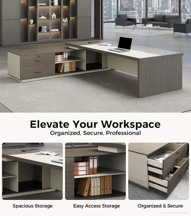 Alt view image 5 of 7 - 79" L-Shaped Executive Desk with Drawers, Large Modern Office Desk with Storage Shelves, LED Lighting, Built-in Outlet & USB Ports Home Office Desk (Smoked Oak & Cream White, Left Return)