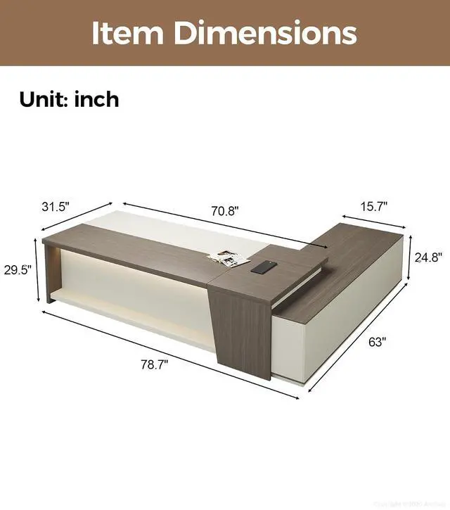 Alt view image 2 of 7 - 79" L-Shaped Executive Desk with Drawers, Large Modern Office Desk with Storage Shelves, LED Lighting, Built-in Outlet & USB Ports Home Office Desk (Smoked Oak & Cream White, Left Return)