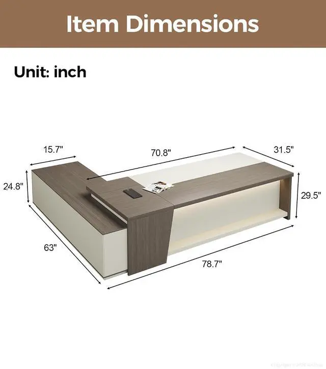 Alt view image 2 of 7 - 79" L-Shaped Executive Desk with Drawers, Large Modern Office Desk with Storage Shelves, LED Lighting, Built-in Outlet & USB Ports Home Office Desk (Smoked Oak & Cream White, Right Return)