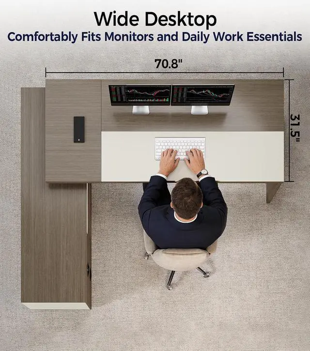 Alt view image 7 of 7 - 79" L-Shaped Executive Desk with Drawers, Large Modern Office Desk with Storage Shelves, LED Lighting, Built-in Outlet & USB Ports Home Office Desk (Smoked Oak & Cream White, Left Return)
