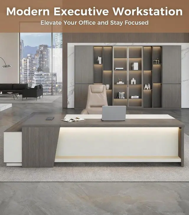 Alt view image 3 of 7 - 79" L-Shaped Executive Desk with Drawers, Large Modern Office Desk with Storage Shelves, LED Lighting, Built-in Outlet & USB Ports Home Office Desk (Smoked Oak & Cream White, Right Return)