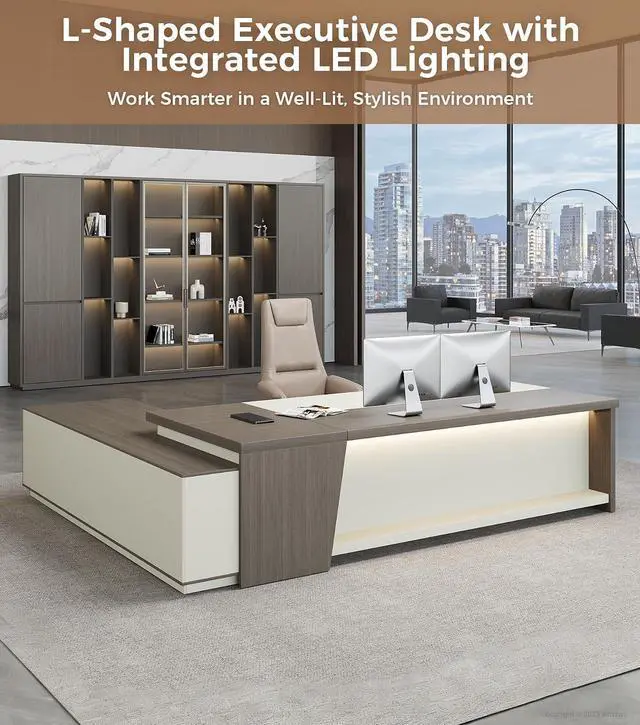 Alt view image 4 of 7 - 79" L-Shaped Executive Desk with Drawers, Large Modern Office Desk with Storage Shelves, LED Lighting, Built-in Outlet & USB Ports Home Office Desk (Smoked Oak & Cream White, Right Return)