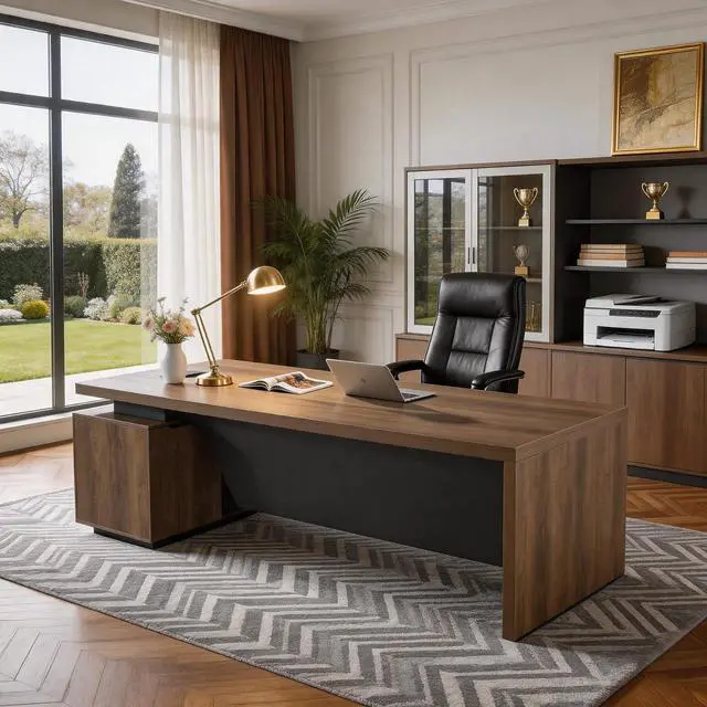 Alt view image 3 of 7 - L Shaped Desk with File Drawer, Solid Wood Large Executive Desk for Home Office, Adjustable Width (86.6" to 94.5"), Storage Cabinet & 2 Drawers, Right Return