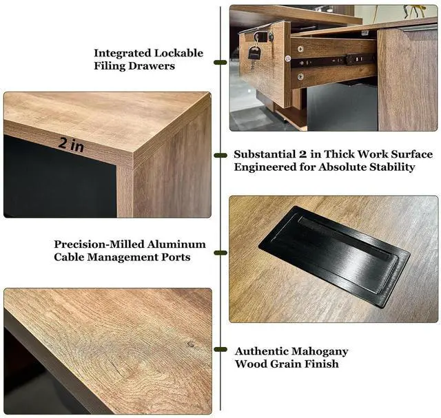 Alt view image 6 of 7 - L Shaped Desk with File Drawer, Solid Wood Large Executive Desk for Home Office, Adjustable Width (70.86" to 78.7"), Storage Cabinet & 2 Drawers, Left Return