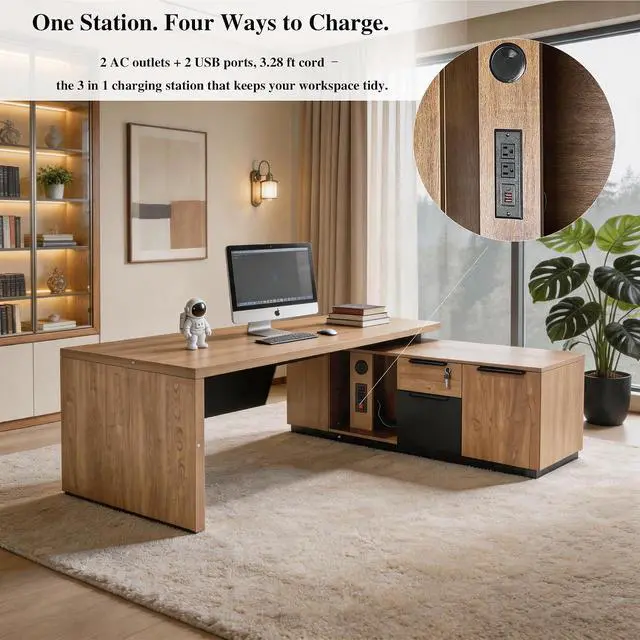 Alt view image 4 of 7 - L Shaped Desk with File Drawer, Solid Wood Large Executive Desk for Home Office, Adjustable Width (70.86" to 78.7"), Storage Cabinet & 2 Drawers, Right Return