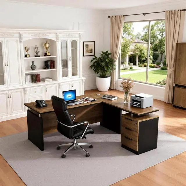 Main image of 63 L Shaped Executive Desk with Locking Drawer & Privacy Panel, Solid One-Piece Office Desk, Reversible Modern L Shaped Desk for Professional Home or Business Workspace