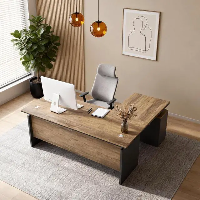 Alt view image 2 of 7 - 63 L Shaped Executive Desk with Locking Drawer & Privacy Panel, Solid One-Piece Office Desk, Reversible Modern L Shaped Desk for Professional Home or Business Workspace