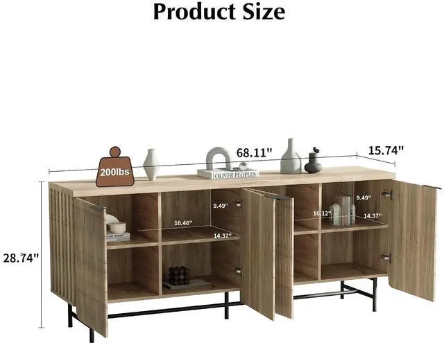 Alt view image 2 of 7 - Storage Cabinet, Sideboard Buffet Cabinet with Shelves and Doors, Farmhouse Scandinavian Bar Cabinet Wood Buffets Table for Kitchen, Dining Room (Yellow L)