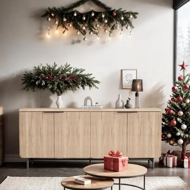 Alt view image 2 of 6 - Modern Farmhouse TV Stand with RGB Light for 65 Inch TV, 80 Inch TV Entertainment Center with Storage Cabinets, Wood Mid Century Modern Media TV Console Table for Living Room Bedroom (Yellow with RGB)