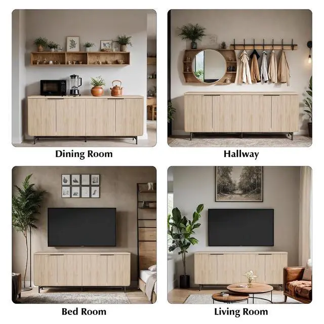 Alt view image 7 of 7 - Storage Cabinet, Sideboard Buffet Cabinet with Shelves and Doors, Farmhouse Scandinavian Bar Cabinet Wood Buffets Table for Kitchen, Dining Room (Yellow L)