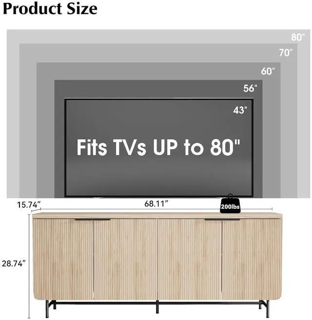 Alt view image 3 of 6 - Modern Farmhouse TV Stand with RGB Light for 65 Inch TV, 80 Inch TV Entertainment Center with Storage Cabinets, Wood Mid Century Modern Media TV Console Table for Living Room Bedroom (Yellow with RGB)
