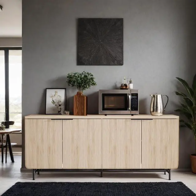 Alt view image 3 of 6 - Storage Cabinet Led Light, Sideboard Buffet Cabinet with Shelves and Doors, Farmhouse Scandinavian Bar Cabinet Wood Buffet Table for Kitchen, Dining Room (Yellow with led)