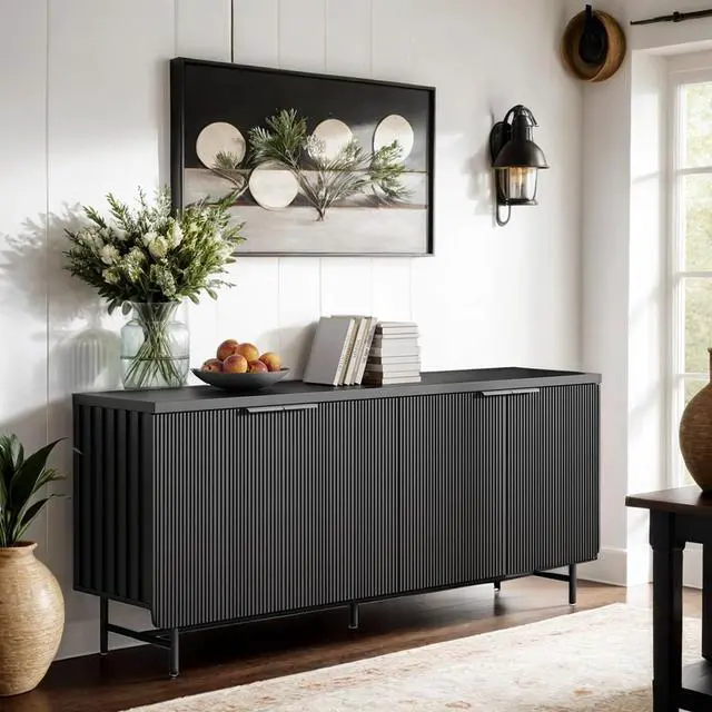 Alt view image 2 of 6 - Farmhouse TV Stand with RGB Light for 65 Inch TV, 80 Inch TV Entertainment Center with Storage Cabinets, Wood Mid Century Modern Media TV Console Table for Living Room Bedroom (Black with RGB)