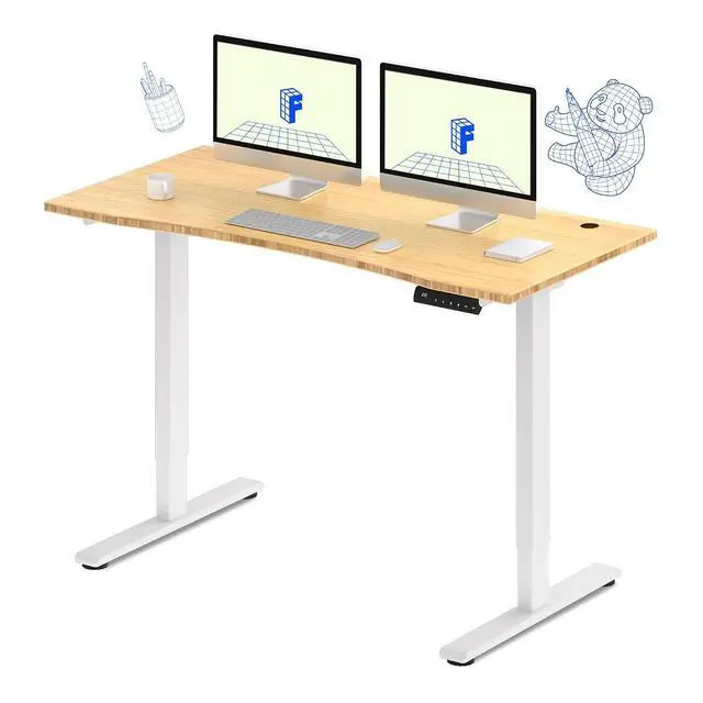 Main image of E3 Bamboo Dual Motor Electric Standing Desk 55 x 28 Sit Stand Up Desk, Holds 220 lbs, Adjustable Height w/Memory Presets, Solid Bamboo Curved Desktop & White Frame, Ships in 2 Boxes