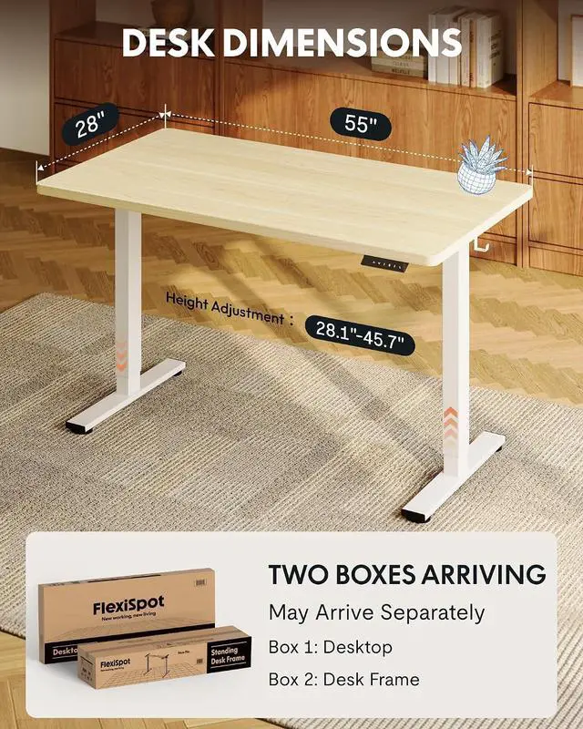 Alt view image 5 of 7 - EN1 One-Piece Standing Desk with 1-Inch Thick Seamless Desktop, 55"x28" Electric Height Adjustable Desk for Home Office, Multi-Monitor Setups & Easy Assembly, White Wood Grain