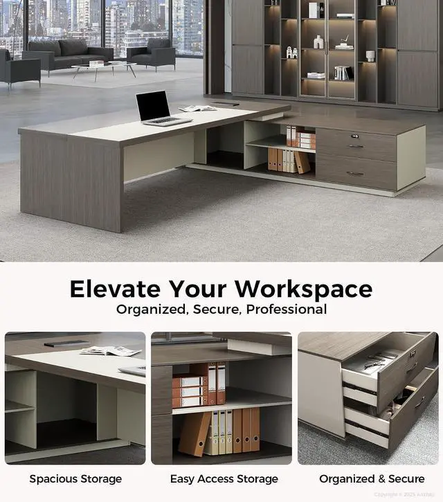 Alt view image 5 of 7 - 79" L-Shaped Executive Desk with Drawers, Large Modern Office Desk with Storage Shelves, LED Lighting, Built-in Outlet & USB Ports Home Office Desk (Smoked Oak & Cream White, Right Return)