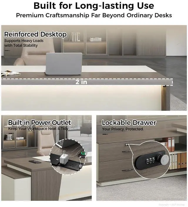Alt view image 7 of 7 - 79" L-Shaped Executive Desk with Drawers, Large Modern Office Desk with Storage Shelves, LED Lighting, Built-in Outlet & USB Ports Home Office Desk (Smoked Oak & Cream White, Right Return)