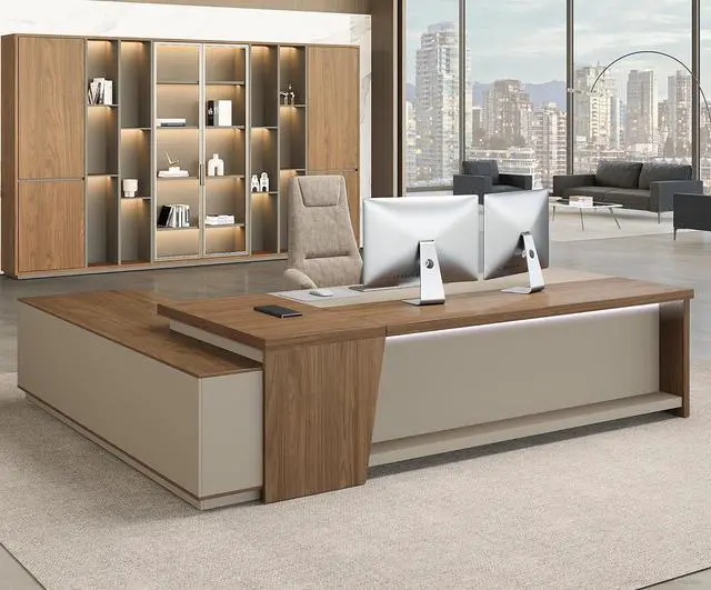 Main image of 79" L-Shaped Executive Desk with Power Outlets & LED Lighting, Large Office Computer Desk with Drawers & Storage Shelves for Home Office, Corporate, School (Champagne & Beige, Right Return)