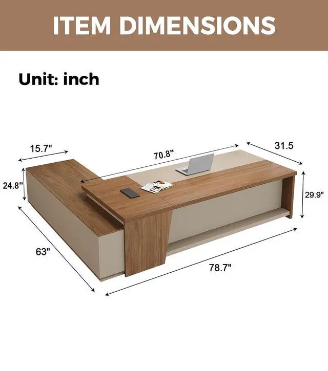 Alt view image 2 of 7 - 79" L-Shaped Executive Desk with Power Outlets & LED Lighting, Large Office Computer Desk with Drawers & Storage Shelves for Home Office, Corporate, School (Champagne & Beige, Right Return)