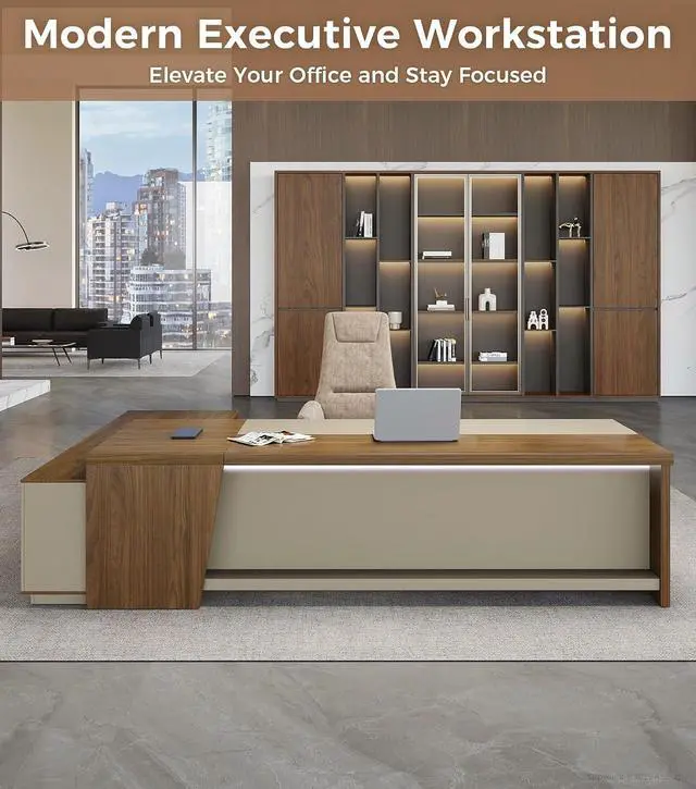 Alt view image 3 of 7 - 79" L-Shaped Executive Desk with Power Outlets & LED Lighting, Large Office Computer Desk with Drawers & Storage Shelves for Home Office, Corporate, School (Champagne & Beige, Right Return)
